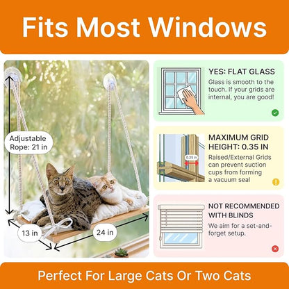 Large Cat Window Perch with Industrial-Grade Suction Cups – Solid Pine Wood Hammock Bed, Soft Cushion - 42 lb Capacity for Heavy Cats Inside