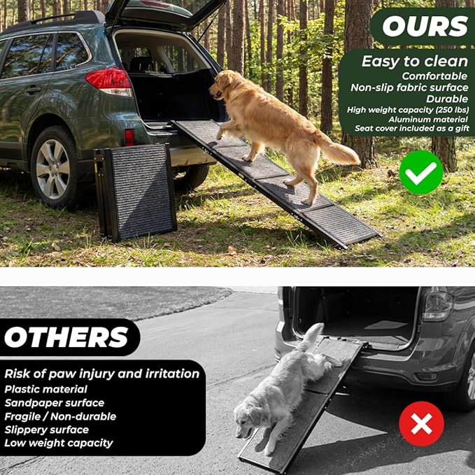 Dog Ramp for Car Travel Bundle – 63” Foldable Non-Slip Dog Ramp + Waterproof Back Seat Cover + 15 Poop Bags – Complete Pet Travel Set for SUV, Truck & Car – Safe Access, Clean Seats, Easy Trips