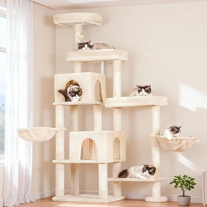 Hey-brother Cat Tree Tower, Scratching Posts with a Extended Part, Wide Platforms, Cozy Condos, Hammocks, Sisal Columns and Ball for Indoor Cats, 70.1 Inches, Beige MPJ038M