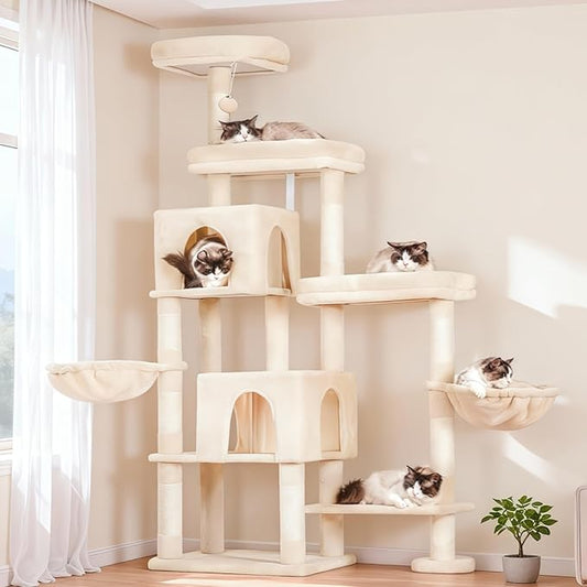 Hey-brother Cat Tree Tower, Scratching Posts with a Extended Part, Wide Platforms, Cozy Condos, Hammocks, Sisal Columns and Ball for Indoor Cats, 70.1 Inches, Beige MPJ038M