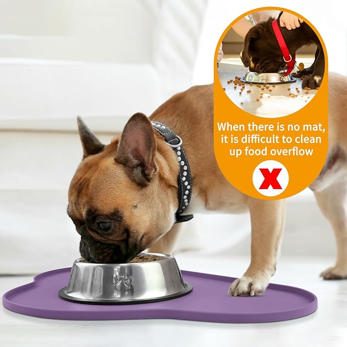 Ptlom Dog Food Mat Anti-Slip Dog Bowl Mats for Food and Water, Waterproof Pet Placemat Prevent Messy Spills to Floor, High-Lips Puppy Feeding Trays for Small Medium Large Dogs Cats, Silicone, Purple