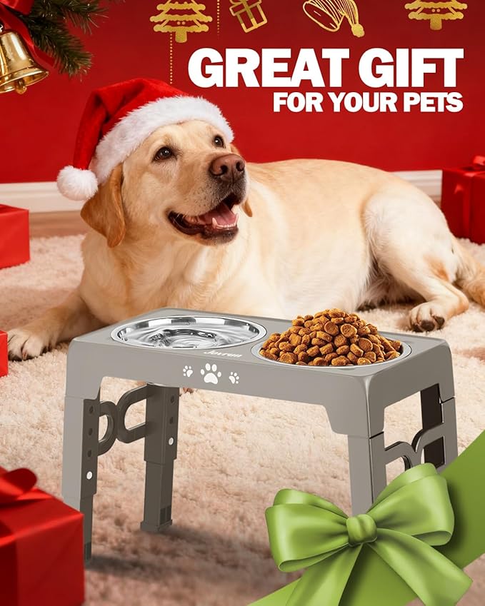 Elevated Dog Bowls for Medium Large Size Dogs, Non-Slip Dog Feeder with 1*Stainless Steel Dishes & 1*Slow Feeder Bowl, 5 Heights Adjustable Raised Bowls to 3.15″-8.66″-9.84″-11.02″-12.2″