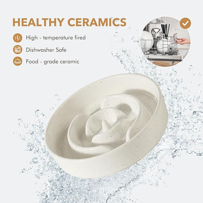 Ceramic 1.2 Cup Dog Bowl Slow Feeder for Medium and Small Dog, 7.3inch Pet Slow Dish, Stop Bloat, Preventing Choking(Single Bowl, Vanilla White)