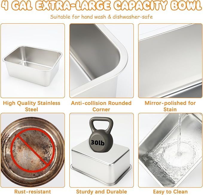BWOGUE 4 Gal Elevated Large Dog Water Bowl, Raised Stainless Steel Bowl Stand Large Breed, 4 Height Adjustable (9", 11", 13", 15") Non-slip Dog Feeding Station for Joint Pressure Relief Indoor Outdoor