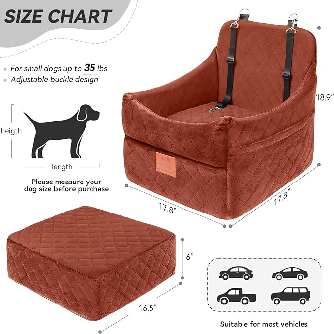 GL GLENSLAVE Dog Car Seat for Small/Medium Dogs, Dog Booster Car Seats with Thick Cushion for Dogs Under 35 lbs, Detachable Washable Pet Carseat with Storage Pockets, 2 Safety Belts(Brown)