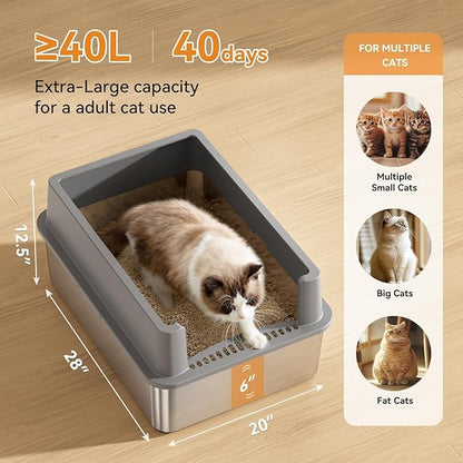2 Pack 28" Extra Large XXXL Stainless Steel Cat Litter Boxes with Lid Metal Cat Litterbox Pan for Big Cats and Multiple Cats, Anti-Leakage, Easy Cleaning, Include Scoop