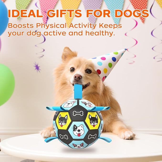 Dog Toy Soccer Ball with Straps, Herding Ball for Dogs, Outdoor Interactive Dog Toy, Dog Fetch Toy, Ideal for Medium & Large Dogs, Great Puppy Birthday (6 Inch)