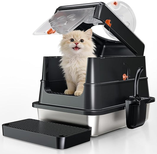 Stainless Steel Cat Litter Box with Lid, Enclosed Metal Litter Pan, Full Flip Cover Litter Box for Kittens & Small Animals, Include Scoop & Step, Leak Proof Easy Clean Odor Control-Black