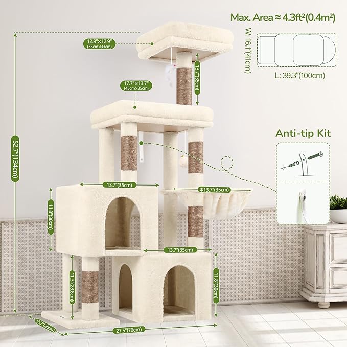 Globlazer Cat Tree Condo Tower for Multiple Indoor Cats, 52in Multi-Level Cat Scratching Tree with Cat Condos, 5 Sisal Scratching Posts, 2 Padded Perches, Big Haging Basket, Widened Base, S52, Beige