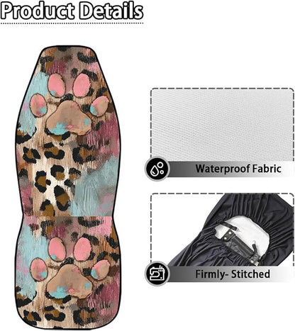 Pink Paw Print Car Seat Cover Waterproof Non-Slip Auto Front Seat Covers Leopard Print Car Bucket Seat Cover Protective Automobile Accessories Interior Universal Fit for Truck Sedan SUV