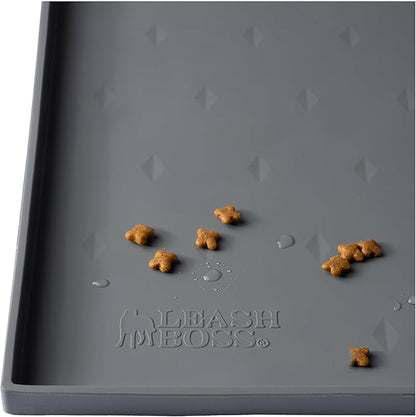 Leash Boss Waterproof Silicone Pet Feeding Mat - Raised-Edge Spill Containment Dog Placemat - Non-Slip Dishwasher-Safe Pet Food Mat for Bowls - 20 x 13 in, Gray