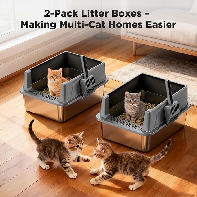 FURTIME 2 Pack Stainless Steel Cat Litter Box with Lid, Metal Kitty Litter Box for Small Cats, Kitten Litter Boxs with Non-Sticky, Anti-Leakage, Easy to Clean, 17"x13"x8.4" (Small)