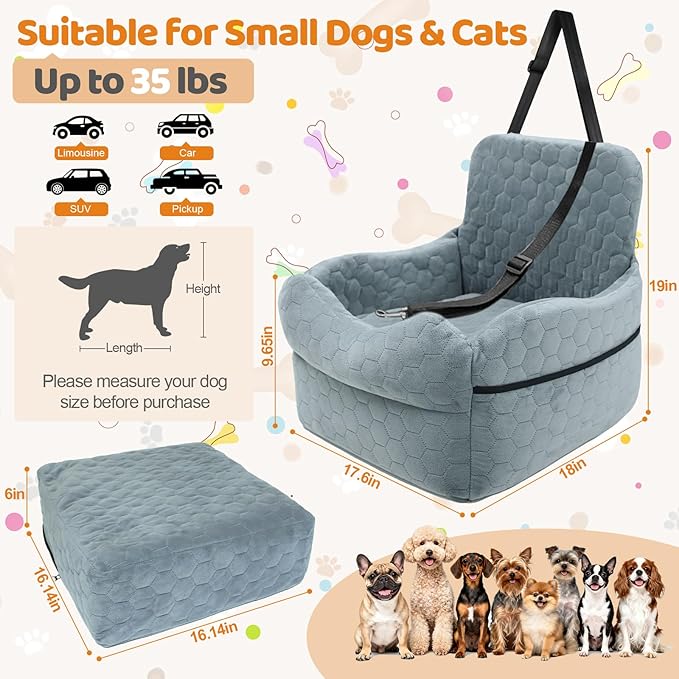 Dog Car Seat for Small/Medium Dogs - Puppy Car Seat Under 35 lbs with Thick Elevated Cushion & Safety Belt for Travel - Detachable & Washable Dog Booster Seat with 2 Sides Storage Pockets(Gray)