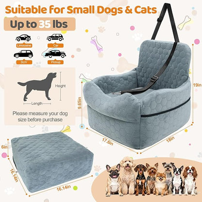 Dog Car Seat for Small/Medium Dogs - Puppy Car Seat Under 35 lbs with Thick Elevated Cushion & Safety Belt for Travel - Detachable & Washable Dog Booster Seat with 2 Sides Storage Pockets(Gray)