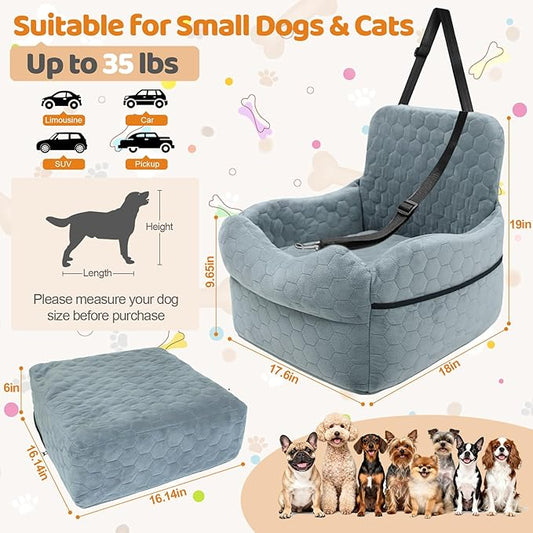 Dog Car Seat for Small/Medium Dogs - Puppy Car Seat Under 35 lbs with Thick Elevated Cushion & Safety Belt for Travel - Detachable & Washable Dog Booster Seat with 2 Sides Storage Pockets(Gray)