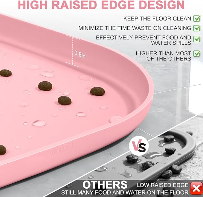 Silicone Pet Food Mat with Raised Edge for Food and Water Bowl, Dog Feeding Mats, Cat Food Trays for Floor Waterproof, Rubber Tray for Dogs and Cats, 22 x 14 x 0.8 Sakura Pink