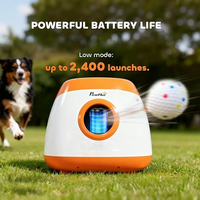 PawHut Automatic Dog Ball Launcher, Rechargeable Dog Ball Thrower with Remote Control, 3 Adjustable Distance (40ft/60ft/80ft), 6 ETPU Tennis Fetch Toys 2.5", Low Noise, for Medium Large Breeds, Orange