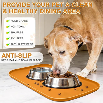 Silicone Pet Food Mat with Raised Edge for Food and Water Bowl, Dog Feeding Mats, Cat Food Trays for Floor Waterproof, Rubber Tray for Dogs and Cats, 19 x 12 x 0.7 Orange