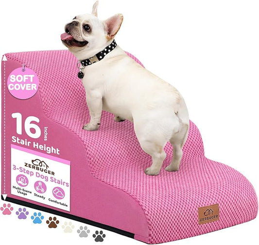 Dog Ramp and Stair for Bed 16" H-20 H,3-Step Cat Stair for Sofa and Chair,4-Step Dog Ramp for High Bed and Window,Durable Nonslip Fabric Cover for Indoor (Pink-16 H, Pet Friendly, 3)