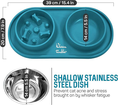 Pets Anti Skid Double Slow Feeder Dog Bowls with Non Skid Silicone Mat - Stainless Steel Dog Water Bowl for Cats & Pets Beautiful Dirty Blue Color