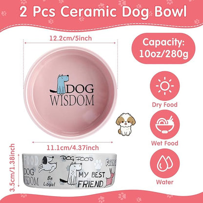 Maxcheck 2 Pcs 5 Inch Ceramic Dog Bowls Dishes for Small Dogs Cute Cartoon Pattern Puppy Cat Bowls Heavy Food Water Dishes for Pets Feeding Travel, Dishwasher Safe Microwave Safe(Pink and Gray)