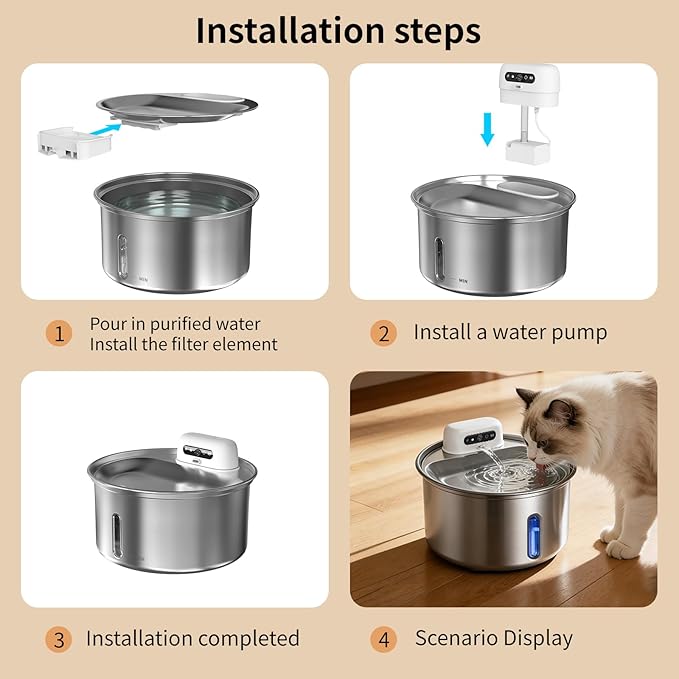 YFL Cordless Cat Water Fountain, 3.2L/108oz Stainless Steel Pet Water Fountain with Motion Sensor & Visual Filter, 4000mAh Battery Operated Quiet Cat Drinking Fountain for Cats & Dogs