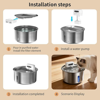 YFL Cordless Cat Water Fountain, 3.2L/108oz Stainless Steel Pet Water Fountain with Motion Sensor & Visual Filter, 4000mAh Battery Operated Quiet Cat Drinking Fountain for Cats & Dogs