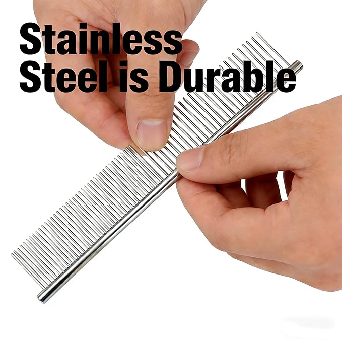 Dog Combs with Rounded Ends Stainless Steel Teeth, Cat Comb Effective at Removing Tangles and Knots, Professional Grooming Tool for Long and Short Haired Dog, Cat and other pets