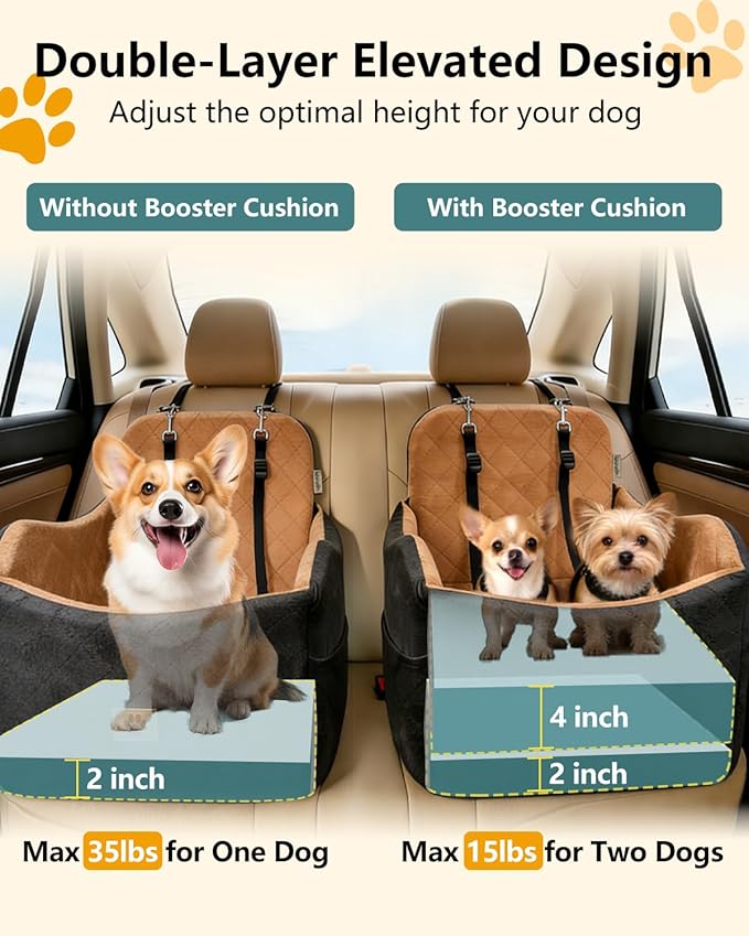 Dog Car Seat for Small/Medium Dogs Up to 35lbs, 2-in-1 Pet Car Seat with Memory Foam, Detachable Washable Dog Bed for Cars, Pet Booster Carseat with Storage Pockets Fits Front/Back Seats (Black/Brown)