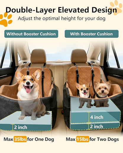 Dog Car Seat for Small/Medium Dogs Up to 35lbs, 2-in-1 Pet Car Seat with Memory Foam, Detachable Washable Dog Bed for Cars, Pet Booster Carseat with Storage Pockets Fits Front/Back Seats (Black/Brown)
