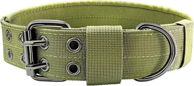 Heavy Duty Dog Collar for Large Dogs, Tactical Dog Collars with Metal Buckle & D Ring, 1.5" Width Thick Adjustable Nylon Collar for Medium Dogs, Army Green/L