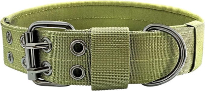 Heavy Duty Dog Collar for Large Dogs, Tactical Dog Collars with Metal Buckle & D Ring, 1.5" Width Thick Adjustable Nylon Collar for Medium Dogs, Army Green/L