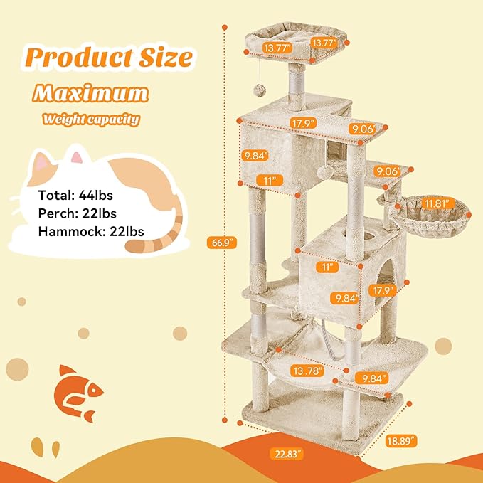 DUMOS Large 66 Inch Cat Tree Tower, Tall Multi Level Cat Climbing Tower with Natural Sisal Scratching Posts, Hammock, Pet Condo for Indoor Cats and Kittens Play, Beige