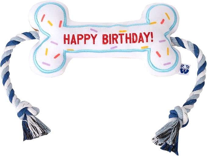 PAWTY Birthday Bone Dog Toy - Funny Interactive Tug Rope Squeaky Dog Birthday Gift - Plush White Bone Toy for Small Medium Dogs - Dog Birthday Party Supplies