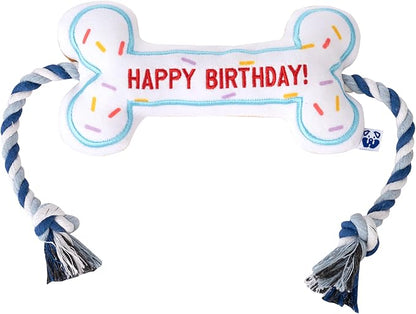 PAWTY Birthday Bone Dog Toy - Funny Interactive Tug Rope Squeaky Dog Birthday Gift - Plush White Bone Toy for Small Medium Dogs - Dog Birthday Party Supplies