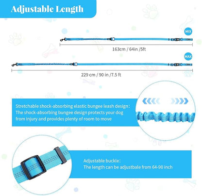 Heavy Duty Multifunctional Adjustable Hands Free Dog Leash - Reflective Stitches, Car Safety Buckle, Waist Leash for Dog Walking, Running, Hiking - 5-7FT
