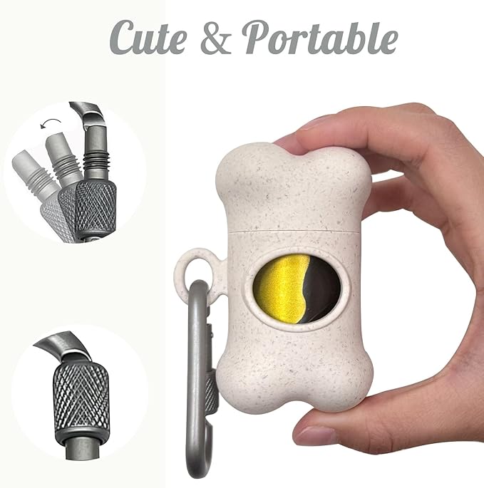 Bone-Shaped Dog Poop Bag Holder for Leash |Dispenser with 135Leak-Resistant Waste Bags & Carabiner Clip(Wheat)