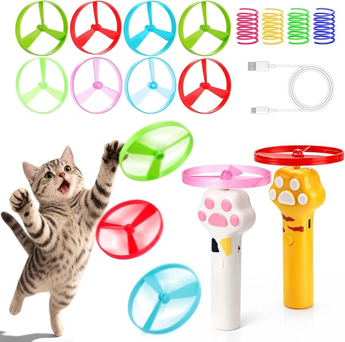 BABORUI Cat Toy Disc Launcher, Rechargeable Interactive Cat Fetch Toy Launcher with 8 Flying Discs, Flying Enrichment Toys for Indoor Bored Kittens & Adult Cats (Yellow+White)