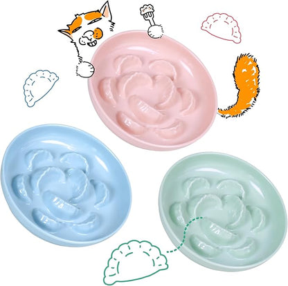 Slow Feeder Bowl for Cats and Small Dogs - Set of 3 Melamine Puzzle Cat Dish for Wet & Dry Food- Whisker Friendly & Dishwasher Safe & Non Slip Design (Pink +Blue + Green, 6.3" W × 1.2" H