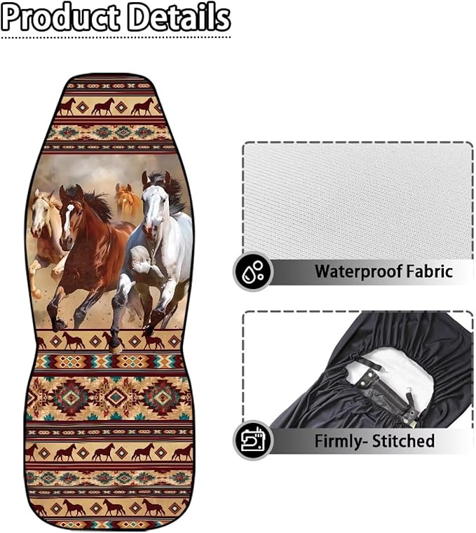 Car Seat Covers Waterproof Western Horse Aztec Front Seat Covers 2 PCS Removable Automotive Interior Accessories for Women Men Universal Fit Most Cars,SUV, Trucks