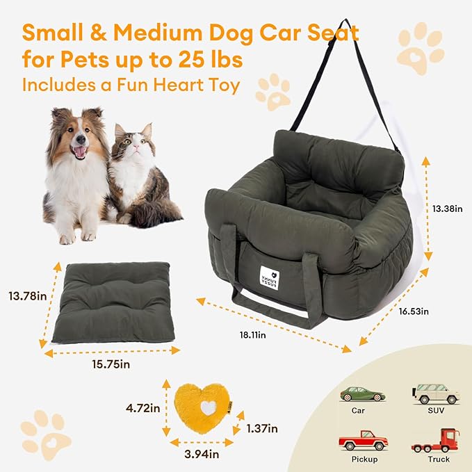 Funny Fuzzy Dog Car Booster Seat for Small Medium Dogs Up to 25lbs, Waterproof Fabric with Non-Slip Base & Safety Leash, Fully Detachable & Machine Washable (Army Green)