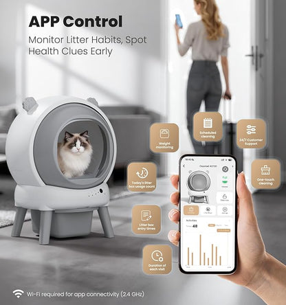 Self Cleaning Litter Box for Multiple Cats, Automatic Litter Box with APP Real-Time Monitor, Dual Safety Protection, Odor-Free Waste Disposal Includes Trash Bags, Gray