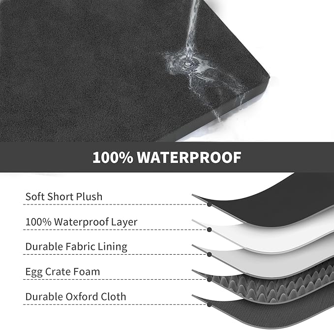 Plush Dog Bed for Medium Dogs, Waterproof Dog Crate Mat Orthopedic Egg Crate Foam Pet Bed with Washable Removable Oxford Cover, Black