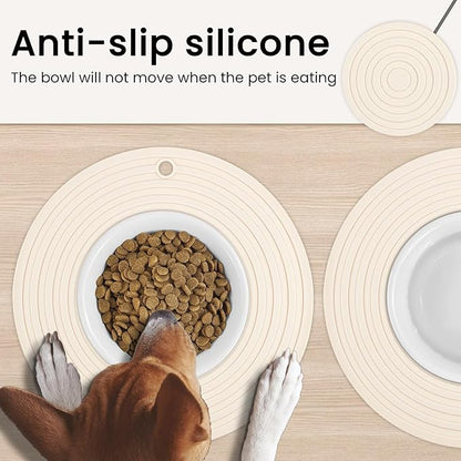 Ptlom Silicone Pet Food Mat for Dogs and Cats Placemat 2Pcs, Waterproof Non-Slip Feeding Bowl Mats Prevent Food and Water Overflow, Silicone Puppy Mat Suitable for Small Medium Pets, Beige, 9.5Inch