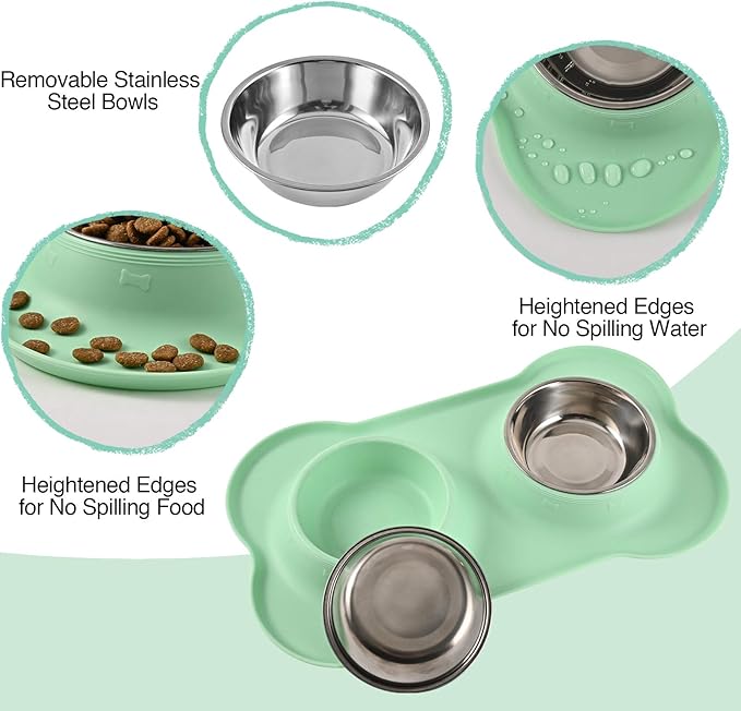 Dog Bowls 2 Stainless Steel Bowl for Pet Water and Food Feeder with Non Spill Skid Resistant Silicone Mat for Pets Puppy Small Medium Cats Dogs