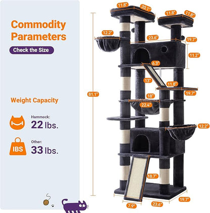 Allewie 81 Inches Tall Cat Tree/Multi-Level Large Climbing Tree House and Towers for Big Feline/Condo and Hammock/Scratching Post/Wide Base/Dark Grey