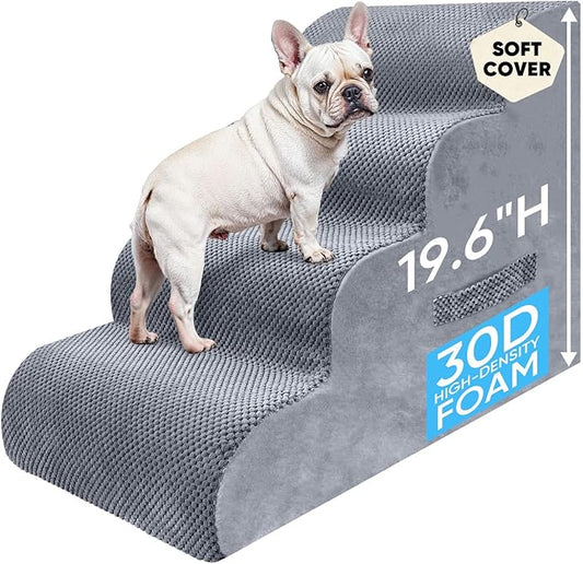 PAWSCART Pet Stairs for Dogs 4-Step, 19.6" H Pet Stairs for High Bed, Couch Sofa & Chair, 30D Material Soft Foam Dog Steps with Non-Slip Bottom Surface Removable Washable Cover, LightGrey