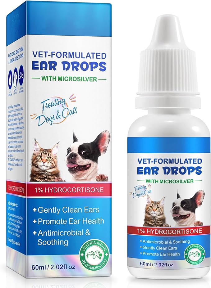 Dog Ear Infection Treatment Drops Yeast Ear Infection Treatment with 1% Hydrocortisone Ear Mites Treatment for Dogs Cat & Dog Ear Cleaner for Itchy Ear Relief (60ml)