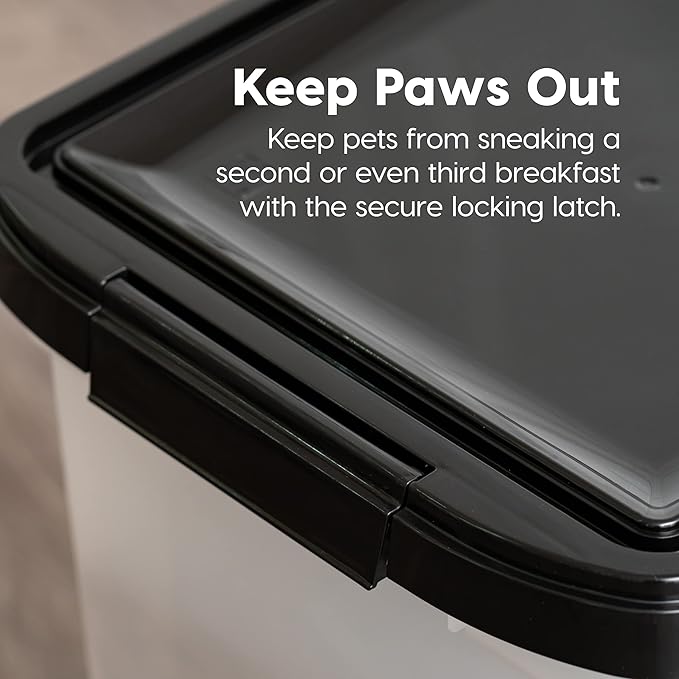 IRIS USA 25 Lbs / 32.5 Qt WeatherPro Airtight Pet Food Storage Container with Removable Casters, for Dog Cat Bird and Other Pet Food Storage Bin, Keep Fresh, Translucent Body, Pearl/Black