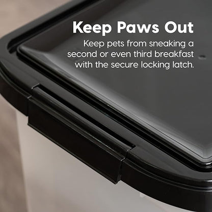 IRIS USA 25 Lbs / 32.5 Qt WeatherPro Airtight Pet Food Storage Container with Removable Casters, for Dog Cat Bird and Other Pet Food Storage Bin, Keep Fresh, Translucent Body, Pearl/Black